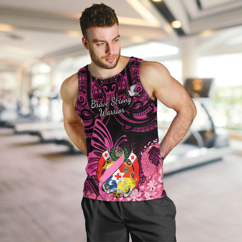Presonalised Tonga Breast Cancer Awareness Men Tank Top Pink Ribbon Brave Strong Warrior Tongan Ngatu Pattern - Wonder Print Shop