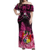 Presonalised Tonga Breast Cancer Awareness Off Shoulder Maxi Dress Pink Ribbon Brave Strong Warrior Tongan Ngatu Pattern - Wonder Print Shop