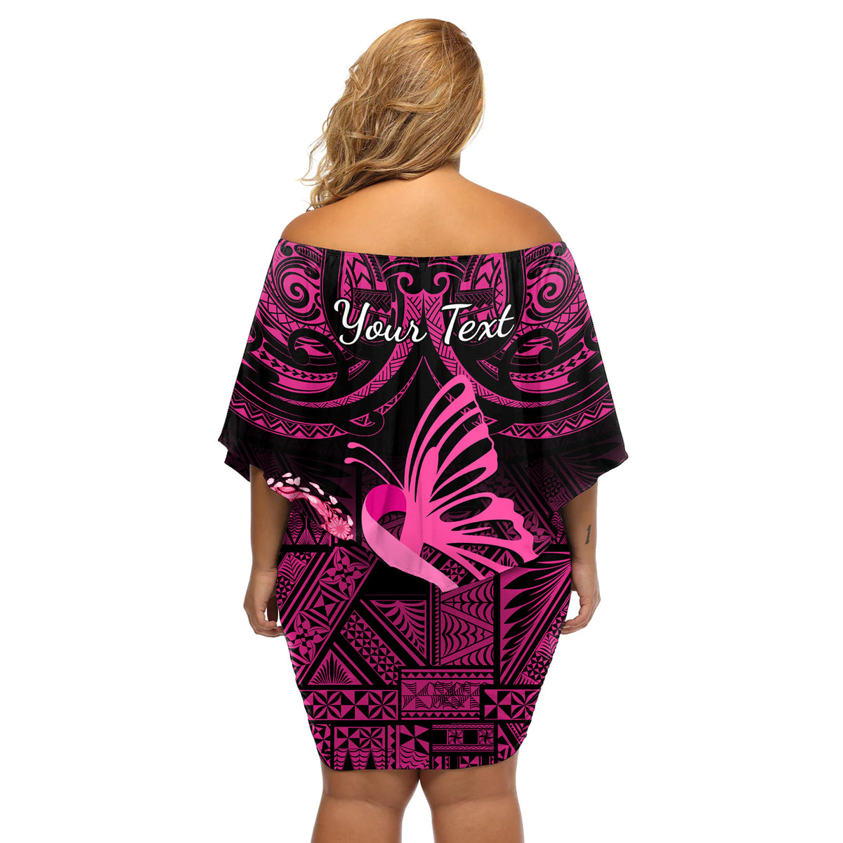 Presonalised Tonga Breast Cancer Awareness Off Shoulder Short Dress Pink Ribbon Brave Strong Warrior Tongan Ngatu Pattern - Wonder Print Shop