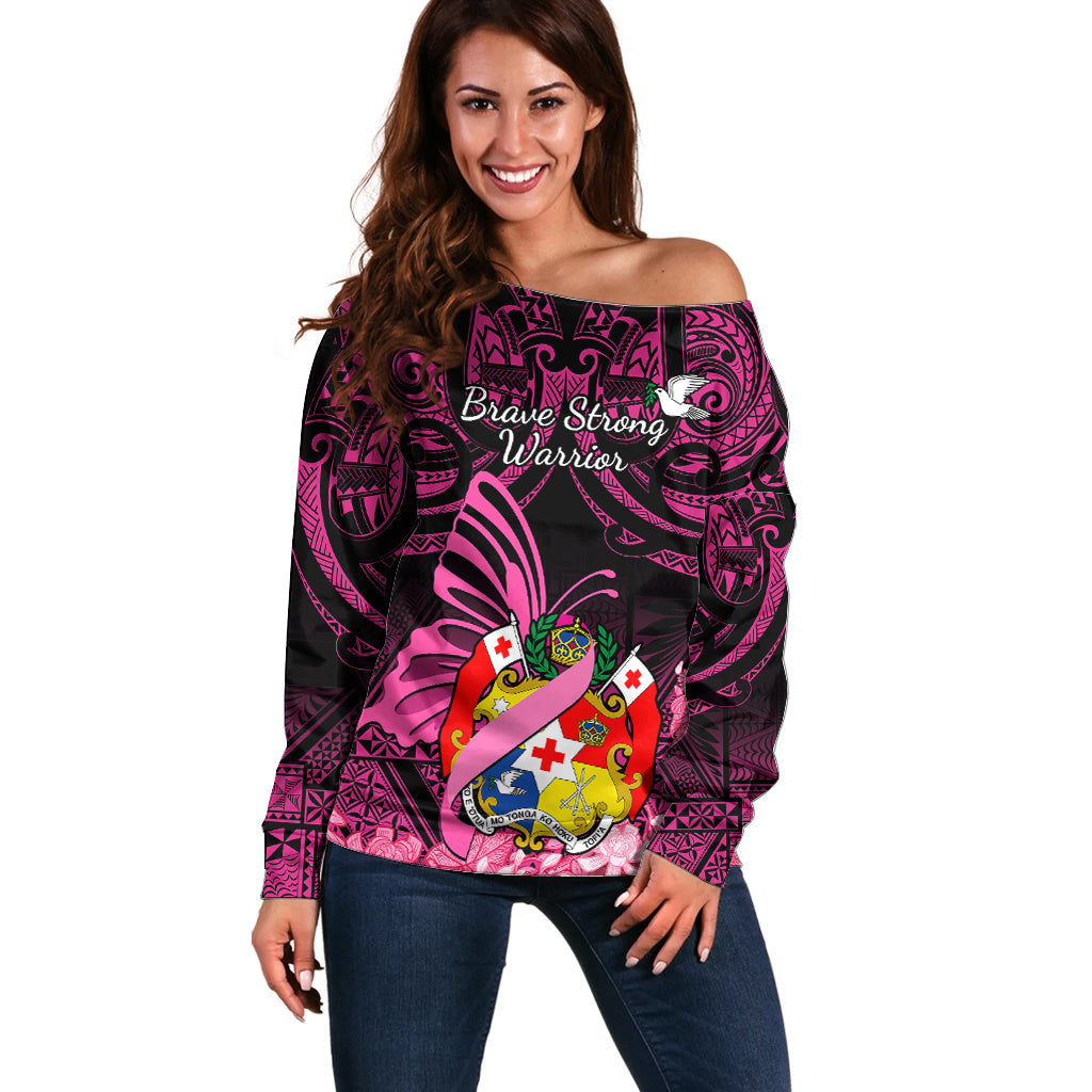 Presonalised Tonga Breast Cancer Awareness Off Shoulder Sweater Pink Ribbon Brave Strong Warrior Tongan Ngatu Pattern - Wonder Print Shop