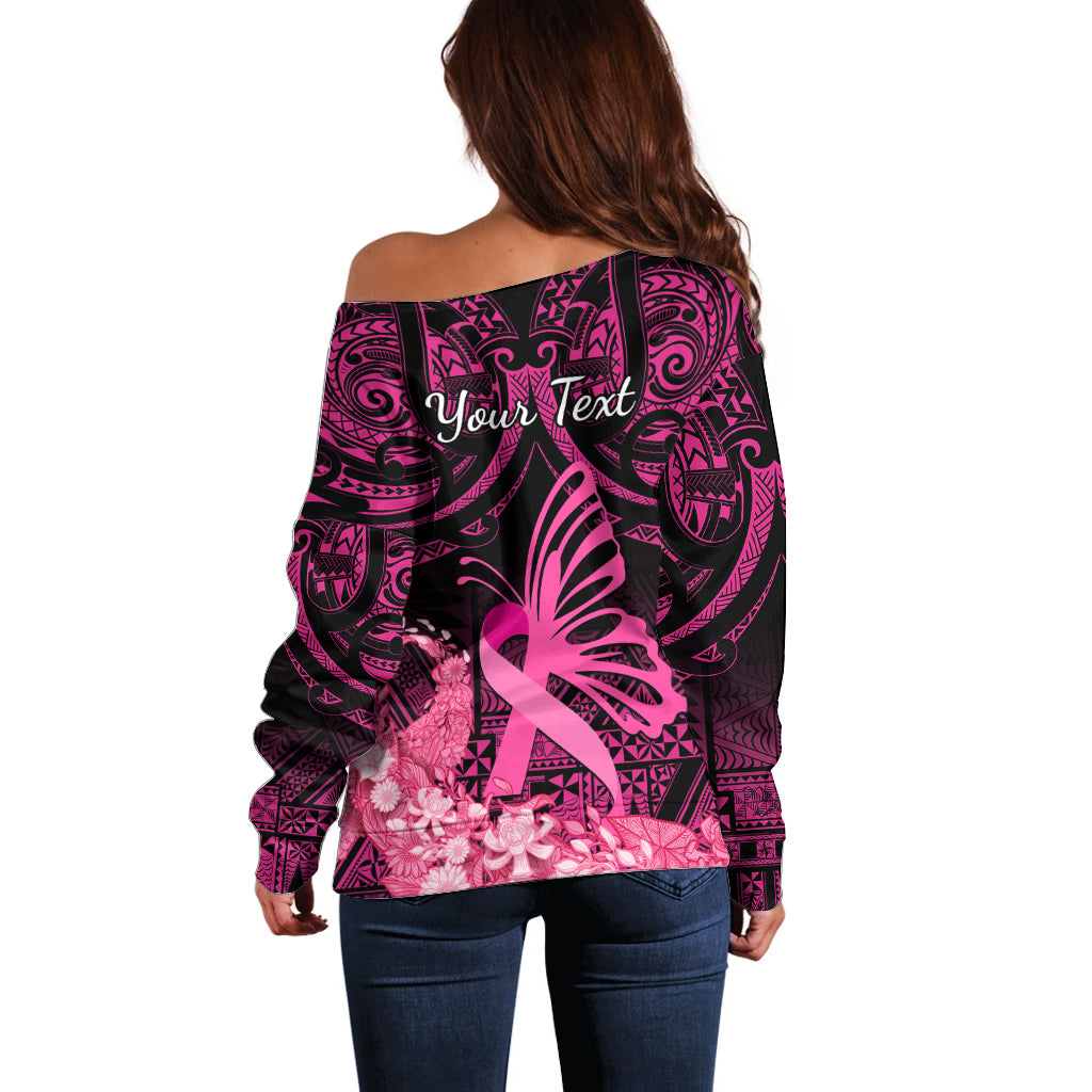 Presonalised Tonga Breast Cancer Awareness Off Shoulder Sweater Pink Ribbon Brave Strong Warrior Tongan Ngatu Pattern - Wonder Print Shop