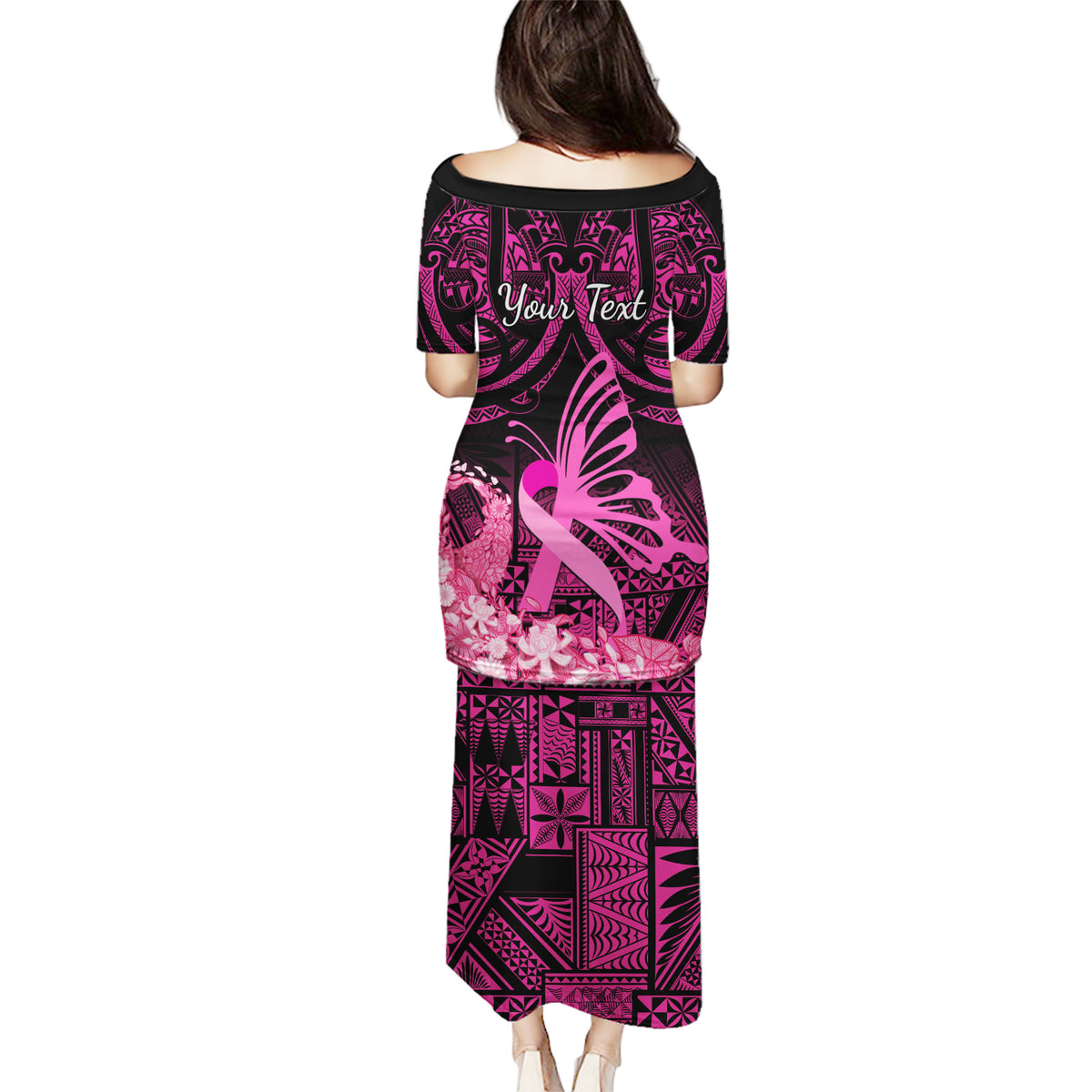 Presonalised Tonga Breast Cancer Awareness Puletasi Pink Ribbon Brave Strong Warrior Tongan Ngatu Pattern - Wonder Print Shop