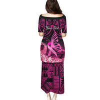 Presonalised Tonga Breast Cancer Awareness Puletasi Pink Ribbon Brave Strong Warrior Tongan Ngatu Pattern - Wonder Print Shop