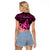 Presonalised Tonga Breast Cancer Awareness Raglan Cropped T Shirt Pink Ribbon Brave Strong Warrior Tongan Ngatu Pattern - Wonder Print Shop