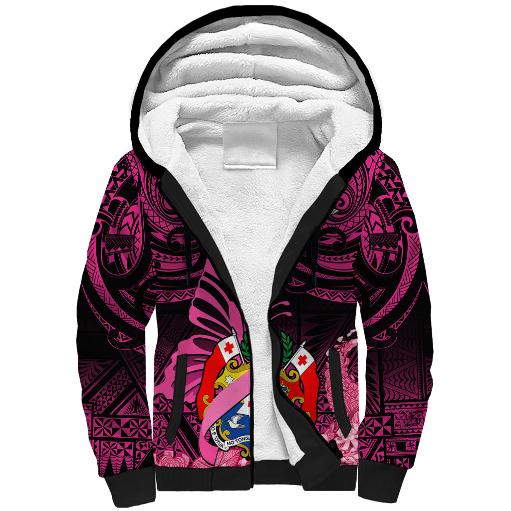Presonalised Tonga Breast Cancer Awareness Sherpa Hoodie Pink Ribbon Brave Strong Warrior Tongan Ngatu Pattern - Wonder Print Shop