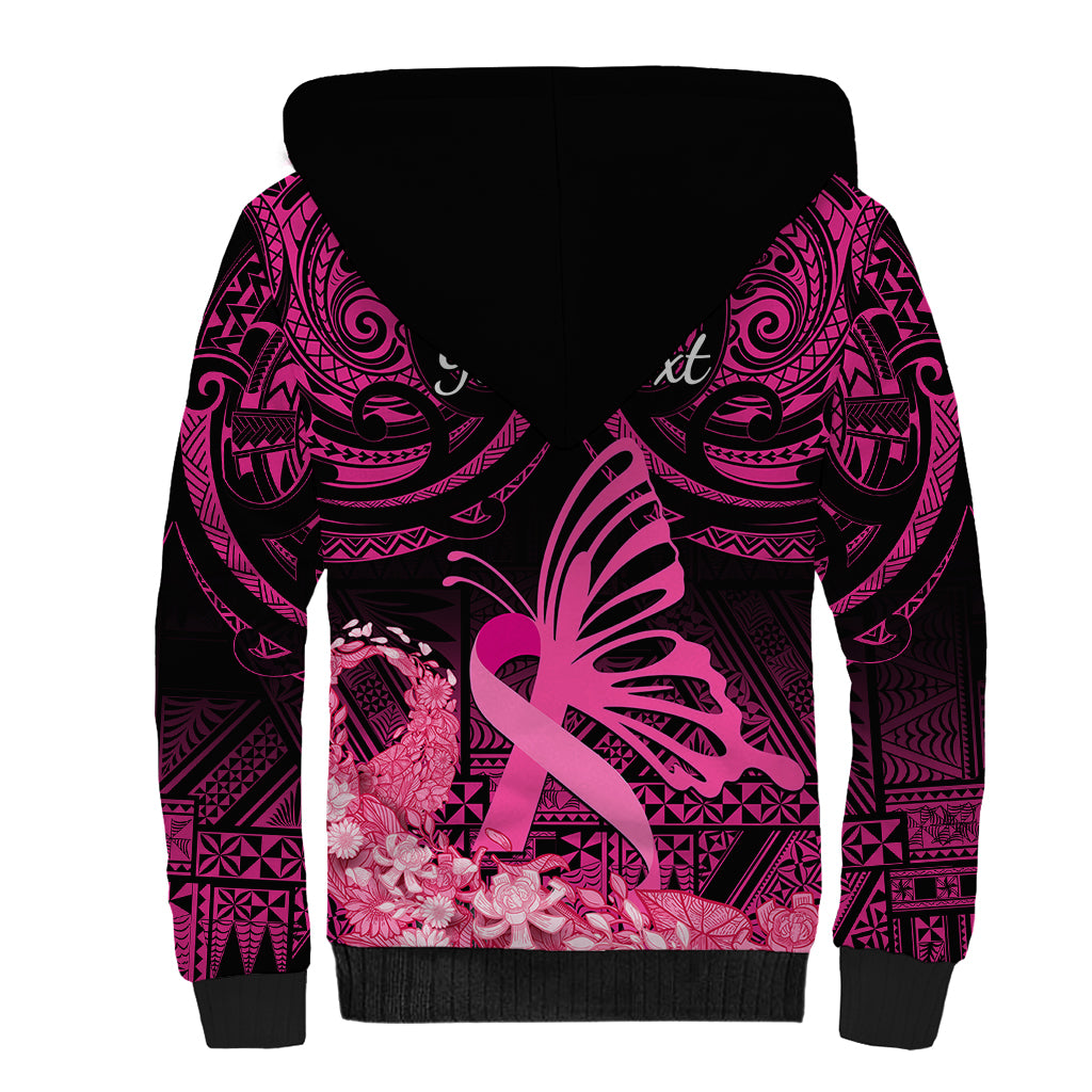 Presonalised Tonga Breast Cancer Awareness Sherpa Hoodie Pink Ribbon Brave Strong Warrior Tongan Ngatu Pattern - Wonder Print Shop