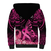 Presonalised Tonga Breast Cancer Awareness Sherpa Hoodie Pink Ribbon Brave Strong Warrior Tongan Ngatu Pattern - Wonder Print Shop
