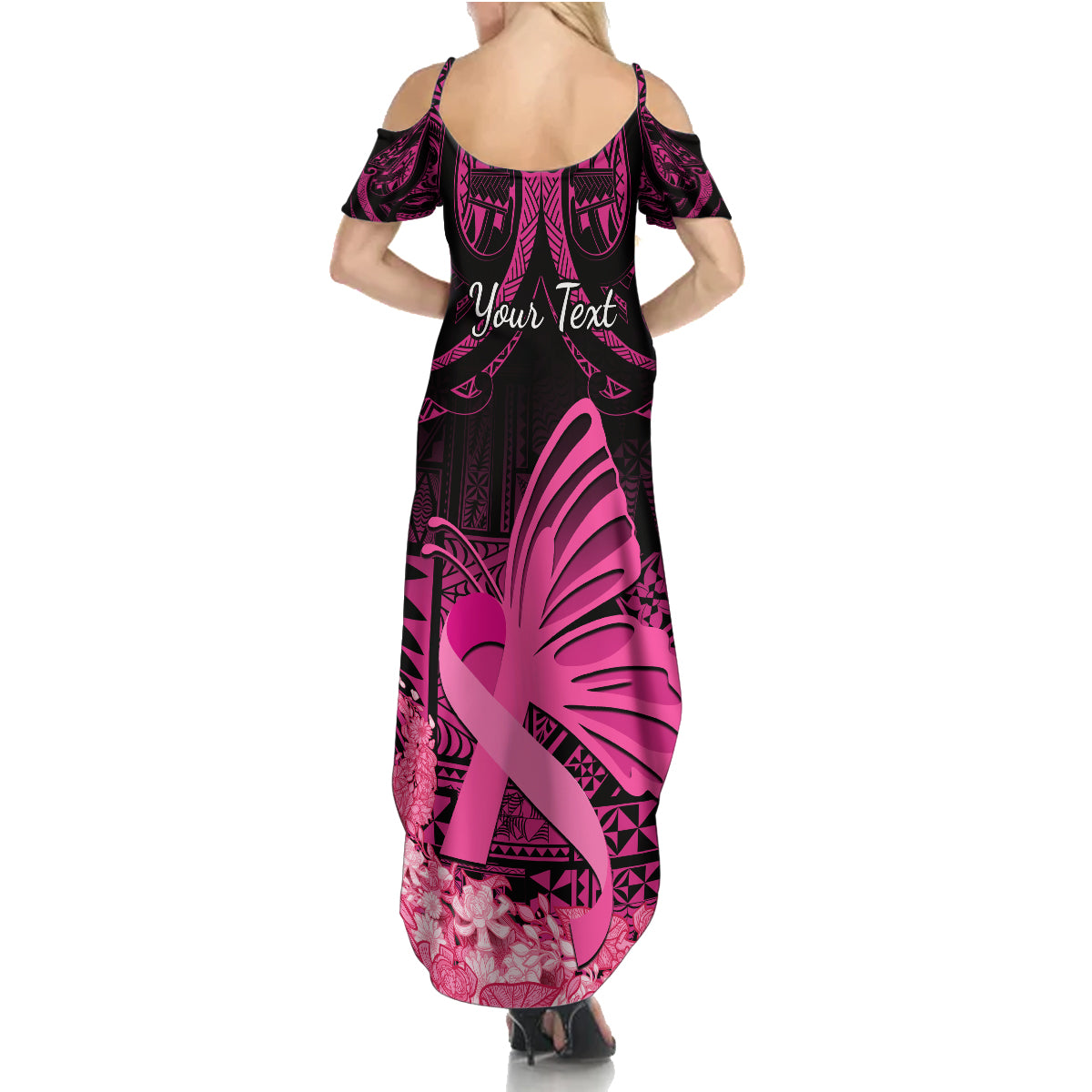 Presonalised Tonga Breast Cancer Awareness Summer Maxi Dress Pink Ribbon Brave Strong Warrior Tongan Ngatu Pattern - Wonder Print Shop