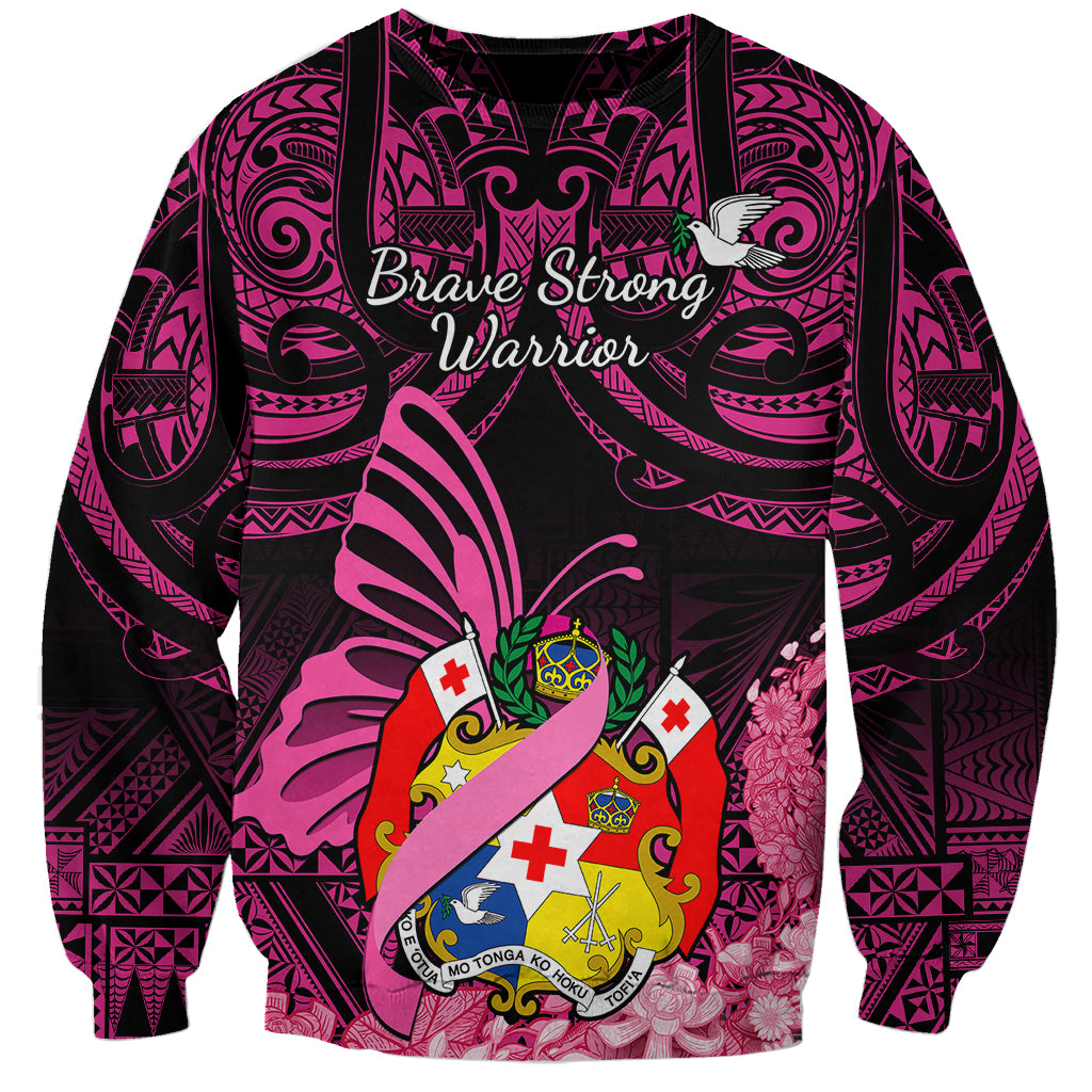 Presonalised Tonga Breast Cancer Awareness Sweatshirt Pink Ribbon Brave Strong Warrior Tongan Ngatu Pattern - Wonder Print Shop
