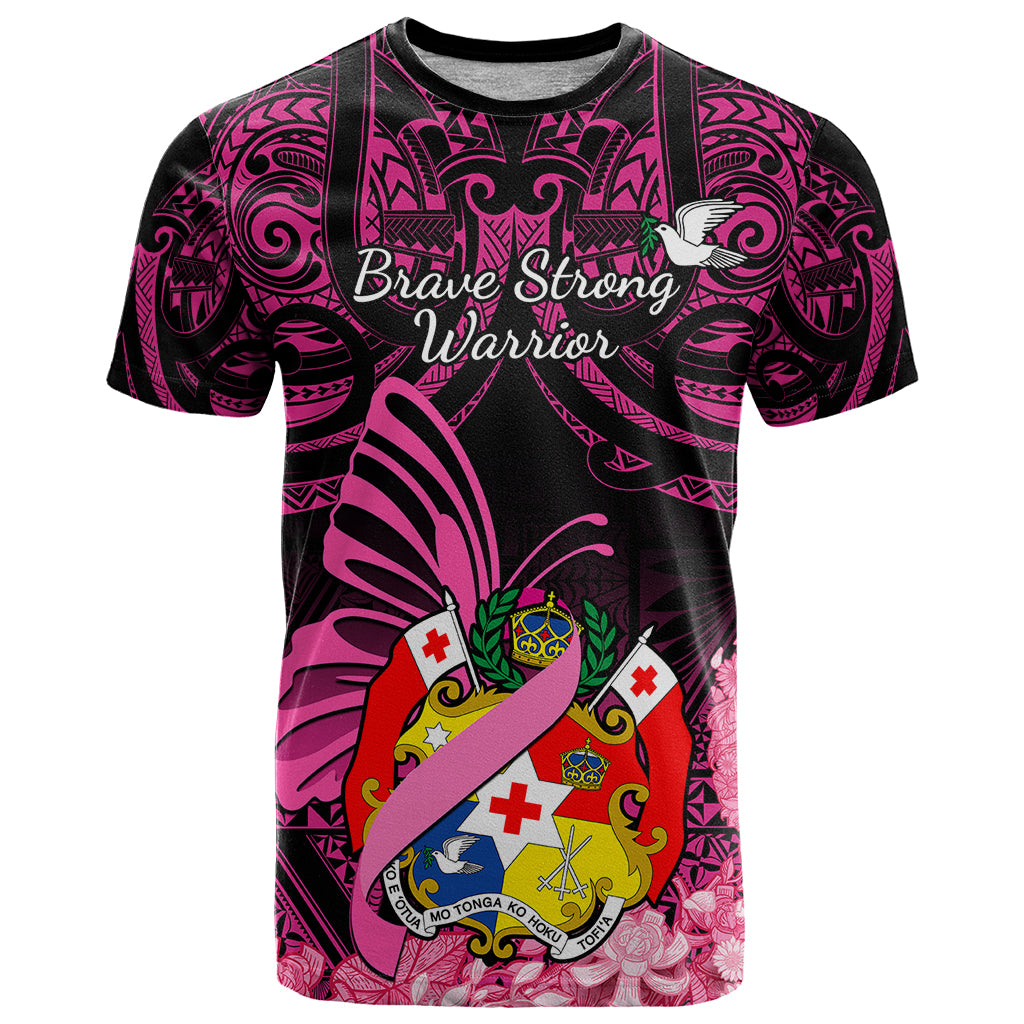 Presonalised Tonga Breast Cancer Awareness T Shirt Pink Ribbon Brave Strong Warrior Tongan Ngatu Pattern - Wonder Print Shop