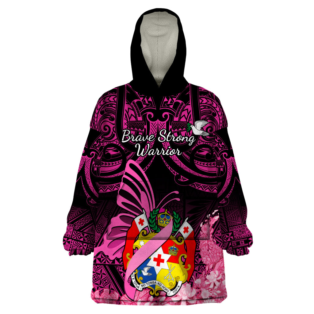 Presonalised Tonga Breast Cancer Awareness Wearable Blanket Hoodie Pink Ribbon Brave Strong Warrior Tongan Ngatu Pattern - Wonder Print Shop