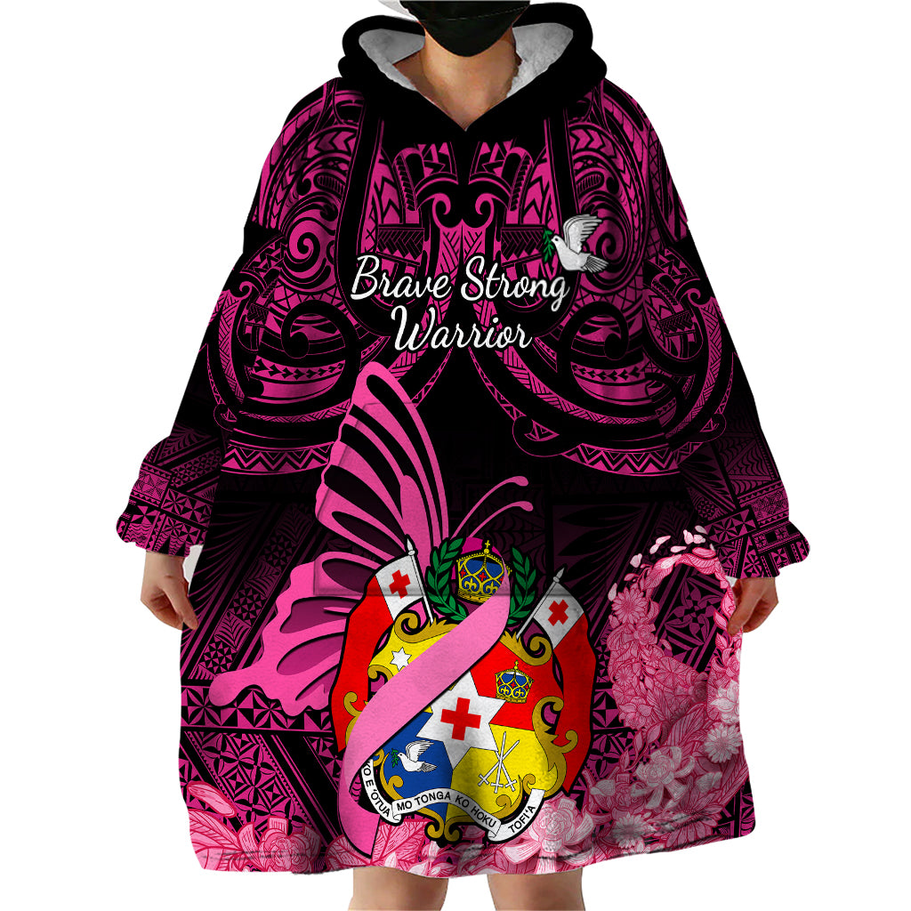 Presonalised Tonga Breast Cancer Awareness Wearable Blanket Hoodie Pink Ribbon Brave Strong Warrior Tongan Ngatu Pattern - Wonder Print Shop