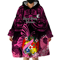 Presonalised Tonga Breast Cancer Awareness Wearable Blanket Hoodie Pink Ribbon Brave Strong Warrior Tongan Ngatu Pattern - Wonder Print Shop