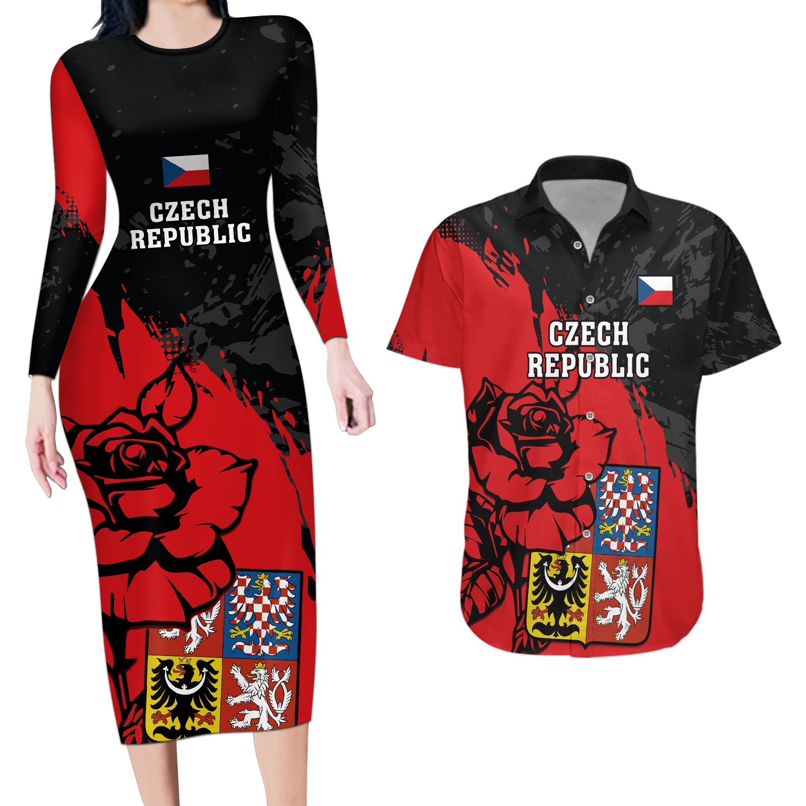 Czech Republic Independence Day Couples Matching Long Sleeve Bodycon Dress and Hawaiian Shirt Coat Of Arms With Czechia Rosa - Wonder Print Shop