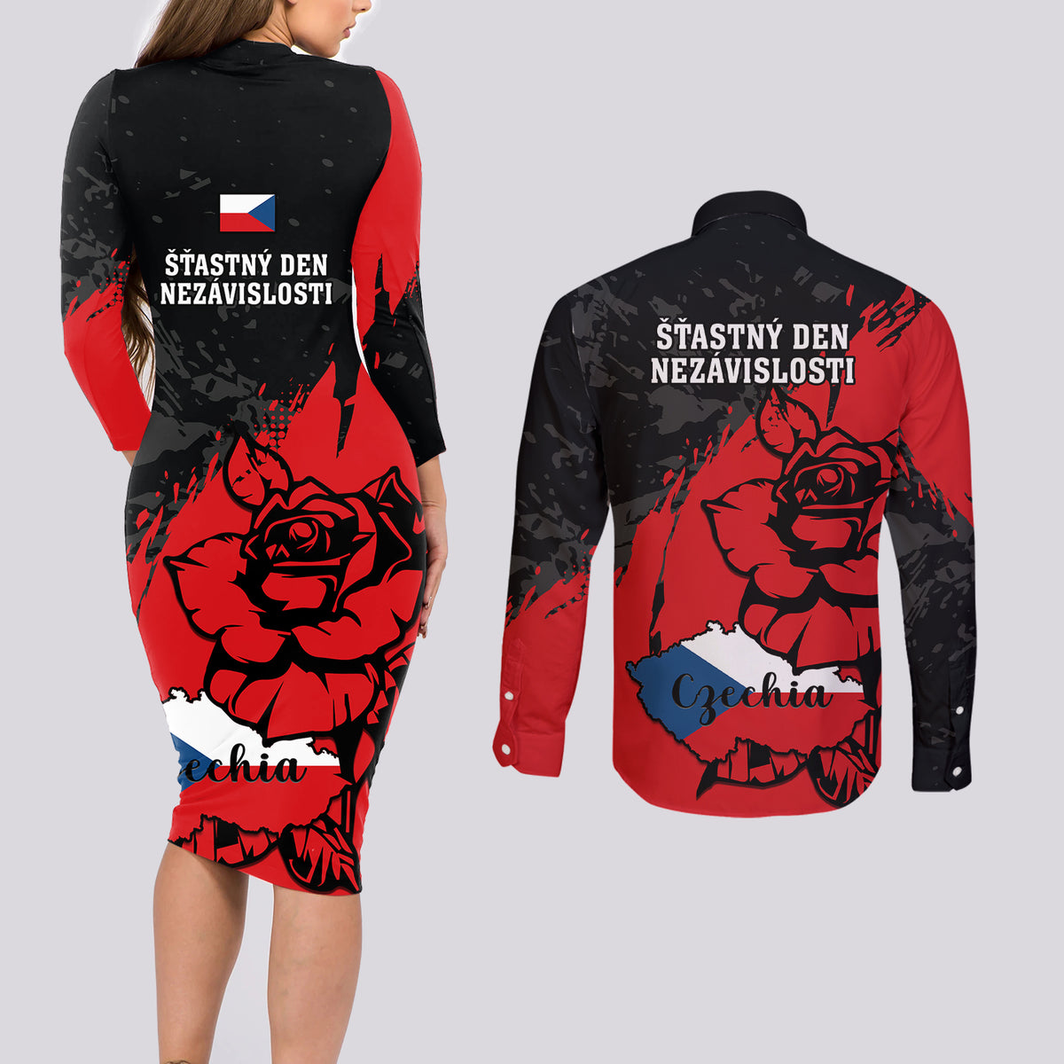 Czech Republic Independence Day Couples Matching Long Sleeve Bodycon Dress and Long Sleeve Button Shirts Coat Of Arms With Czechia Rosa - Wonder Print Shop
