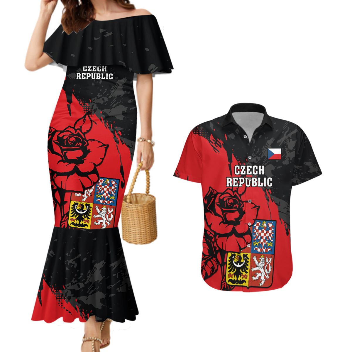 Czech Republic Independence Day Couples Matching Mermaid Dress and Hawaiian Shirt Coat Of Arms With Czechia Rosa - Wonder Print Shop