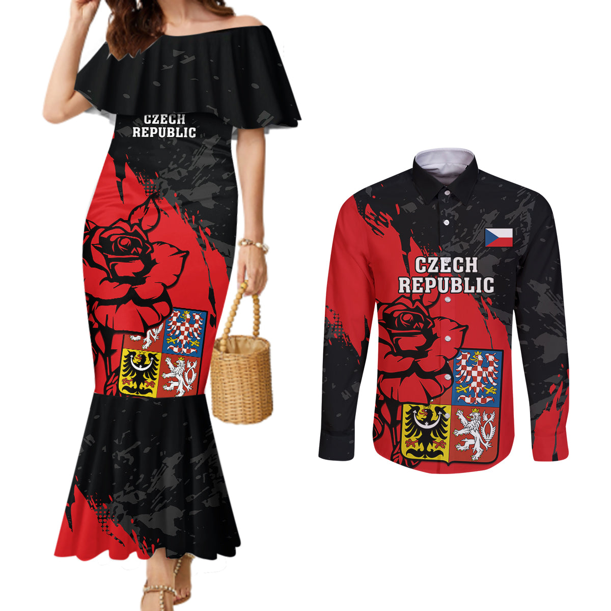 czech-republic-indipendence-day-couples-matching-mermaid-dress-and-long-sleeve-button-shirts-coat-of-arms-with-czechia-rosa