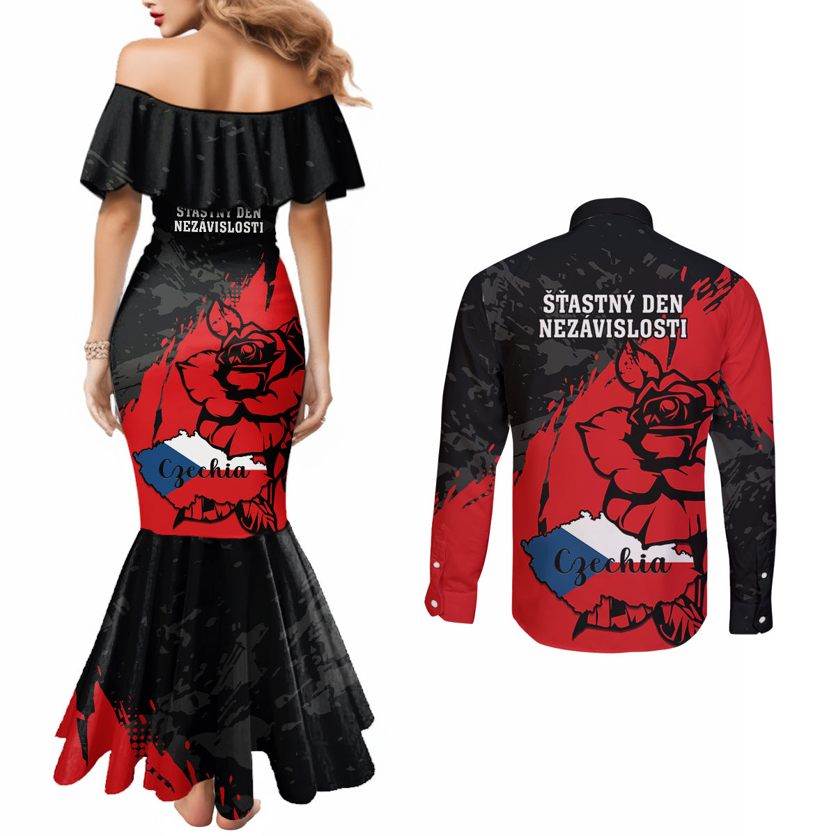 czech-republic-indipendence-day-couples-matching-mermaid-dress-and-long-sleeve-button-shirts-coat-of-arms-with-czechia-rosa