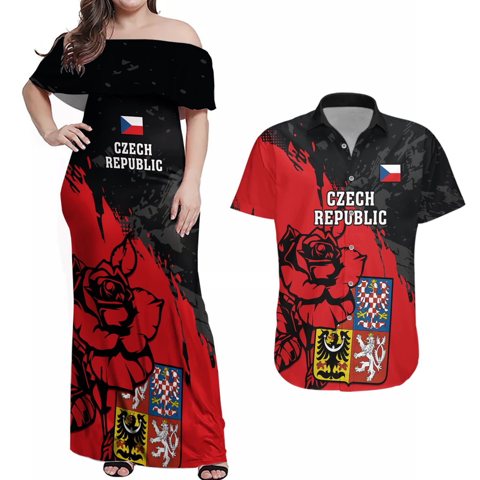 Czech Republic Independence Day Couples Matching Off Shoulder Maxi Dress and Hawaiian Shirt Coat Of Arms With Czechia Rosa - Wonder Print Shop
