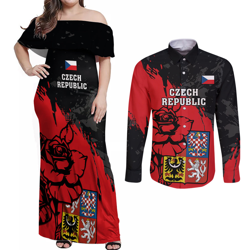 Czech Republic Independence Day Couples Matching Off Shoulder Maxi Dress and Long Sleeve Button Shirts Coat Of Arms With Czechia Rosa - Wonder Print Shop