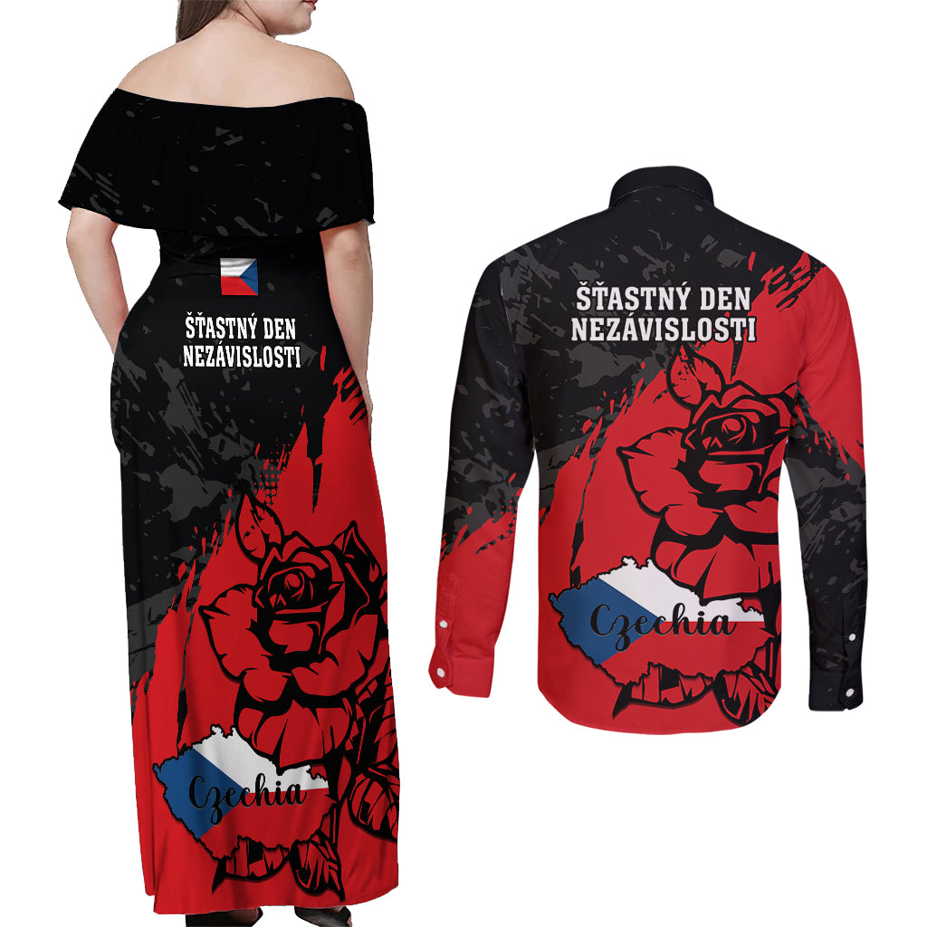 Czech Republic Independence Day Couples Matching Off Shoulder Maxi Dress and Long Sleeve Button Shirts Coat Of Arms With Czechia Rosa - Wonder Print Shop