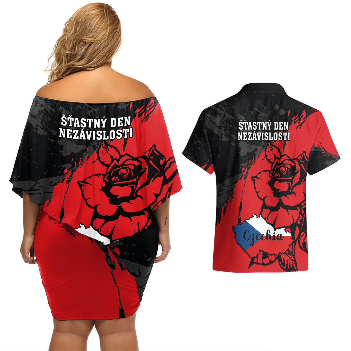 Czech Republic Independence Day Couples Matching Off Shoulder Short Dress and Hawaiian Shirt Coat Of Arms With Czechia Rosa - Wonder Print Shop
