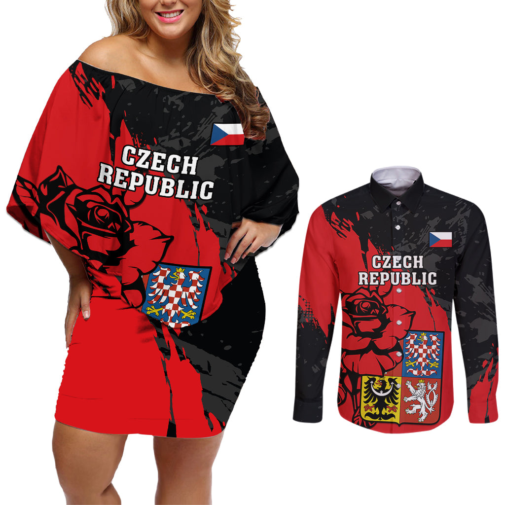 Czech Republic Independence Day Couples Matching Off Shoulder Short Dress and Long Sleeve Button Shirts Coat Of Arms With Czechia Rosa - Wonder Print Shop