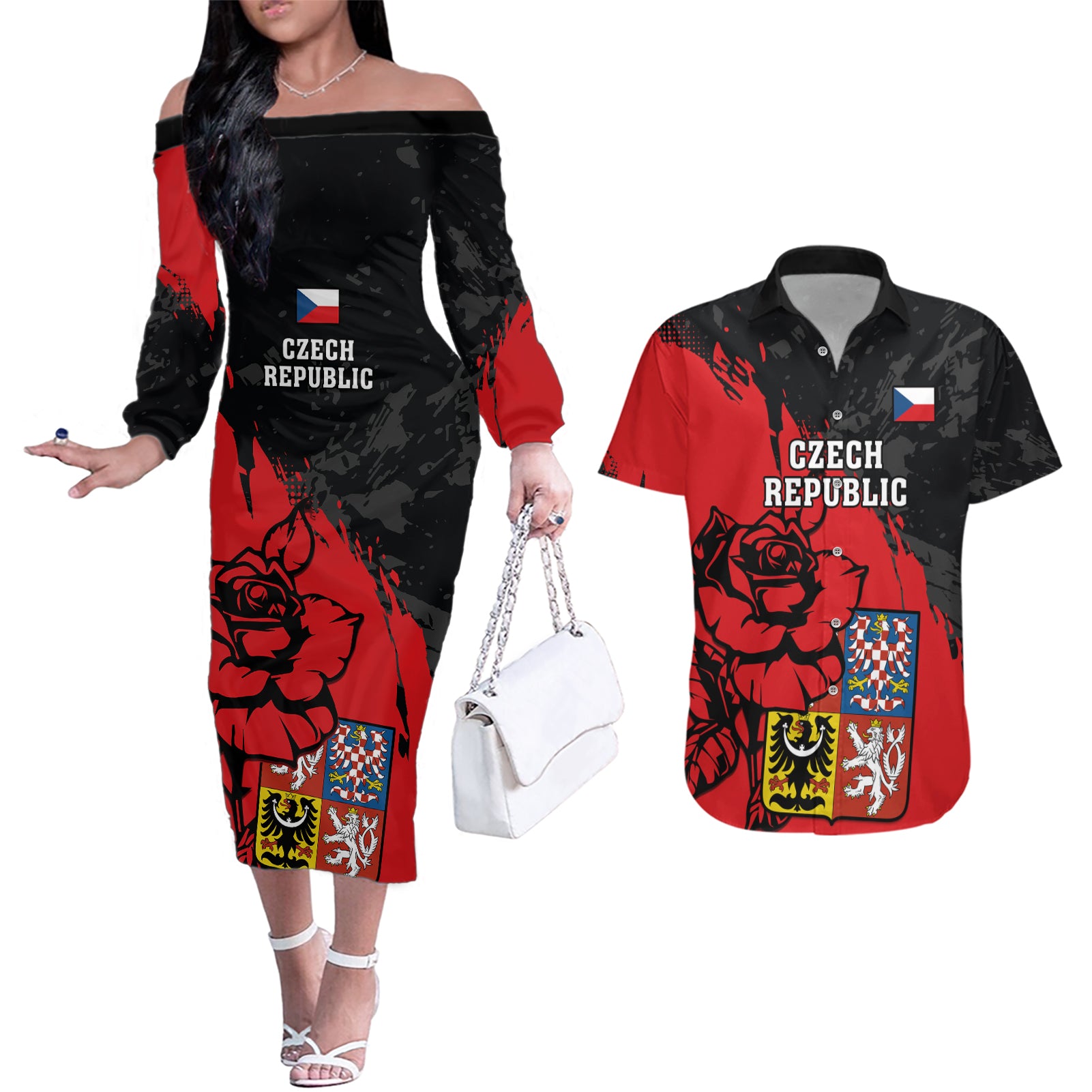 Czech Republic Independence Day Couples Matching Off The Shoulder Long Sleeve Dress and Hawaiian Shirt Coat Of Arms With Czechia Rosa - Wonder Print Shop