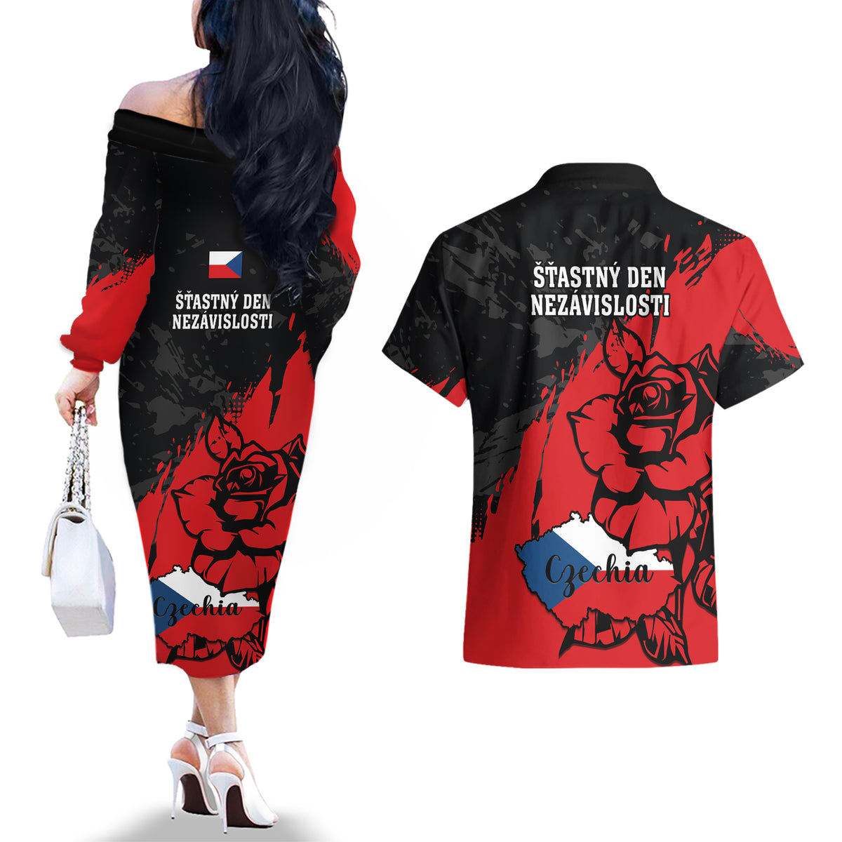 Czech Republic Independence Day Couples Matching Off The Shoulder Long Sleeve Dress and Hawaiian Shirt Coat Of Arms With Czechia Rosa - Wonder Print Shop