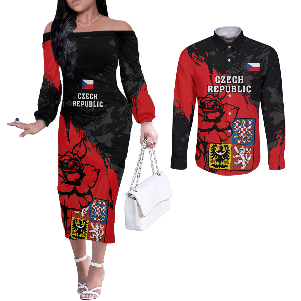 czech-republic-indipendence-day-couples-matching-off-the-shoulder-long-sleeve-dress-and-long-sleeve-button-shirts-coat-of-arms-with-czechia-rosa