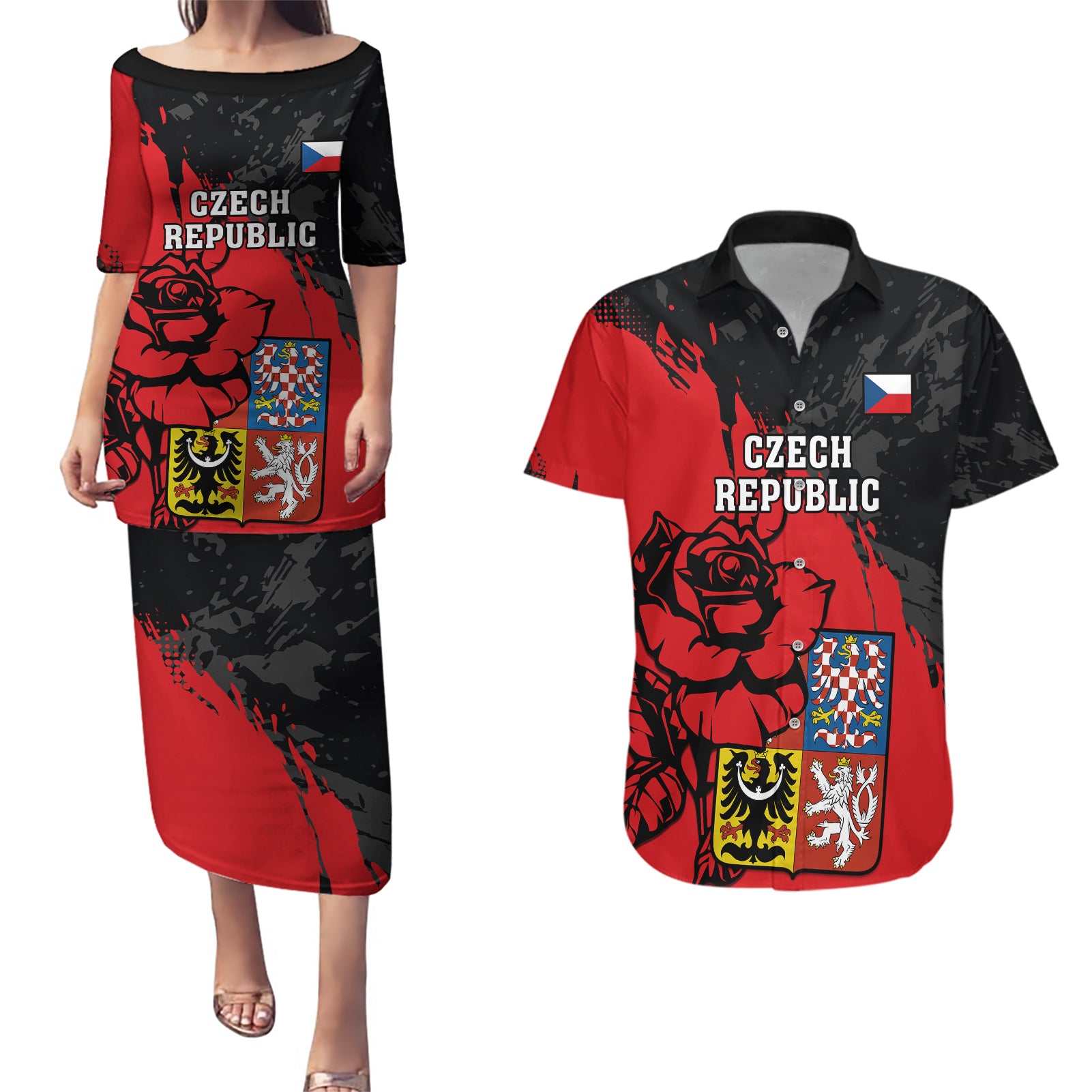 Czech Republic Independence Day Couples Matching Puletasi Dress and Hawaiian Shirt Coat Of Arms With Czechia Rosa - Wonder Print Shop