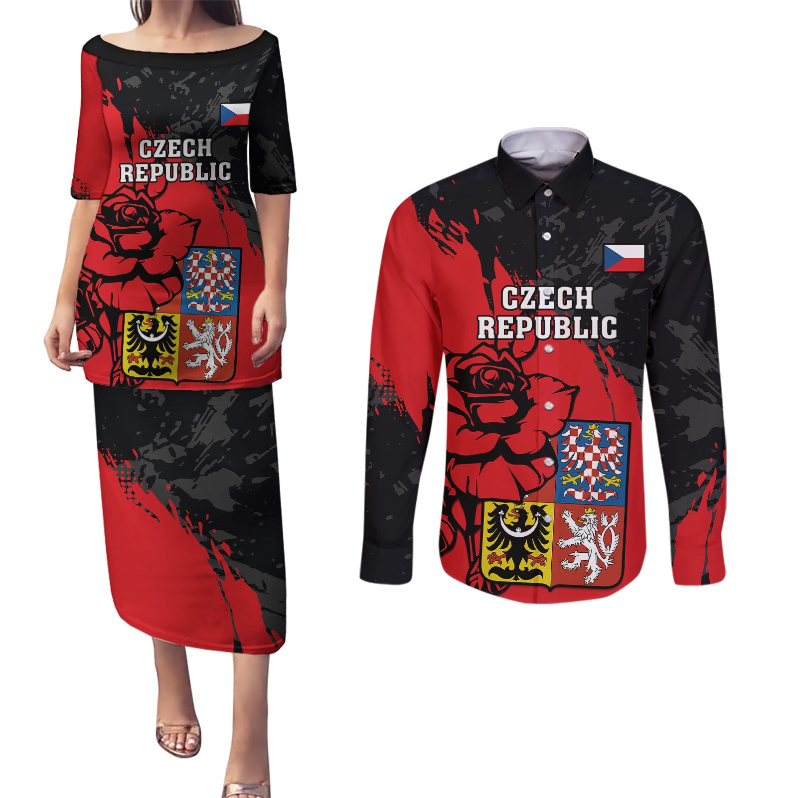 Czech Republic Independence Day Couples Matching Puletasi Dress and Long Sleeve Button Shirts Coat Of Arms With Czechia Rosa - Wonder Print Shop