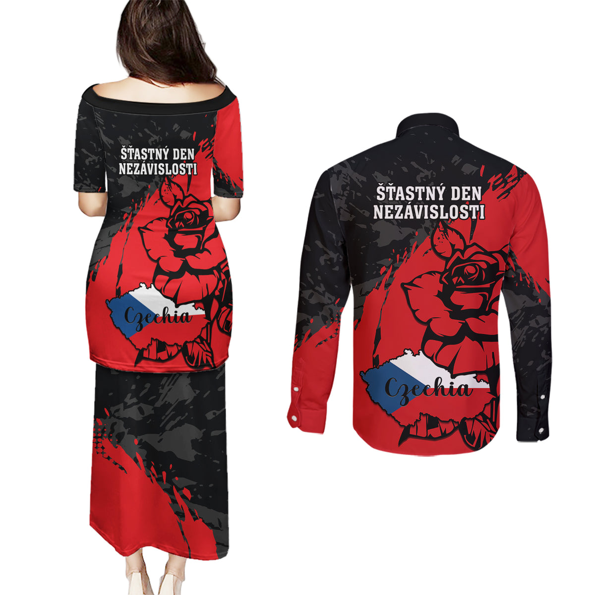 Czech Republic Independence Day Couples Matching Puletasi Dress and Long Sleeve Button Shirts Coat Of Arms With Czechia Rosa - Wonder Print Shop