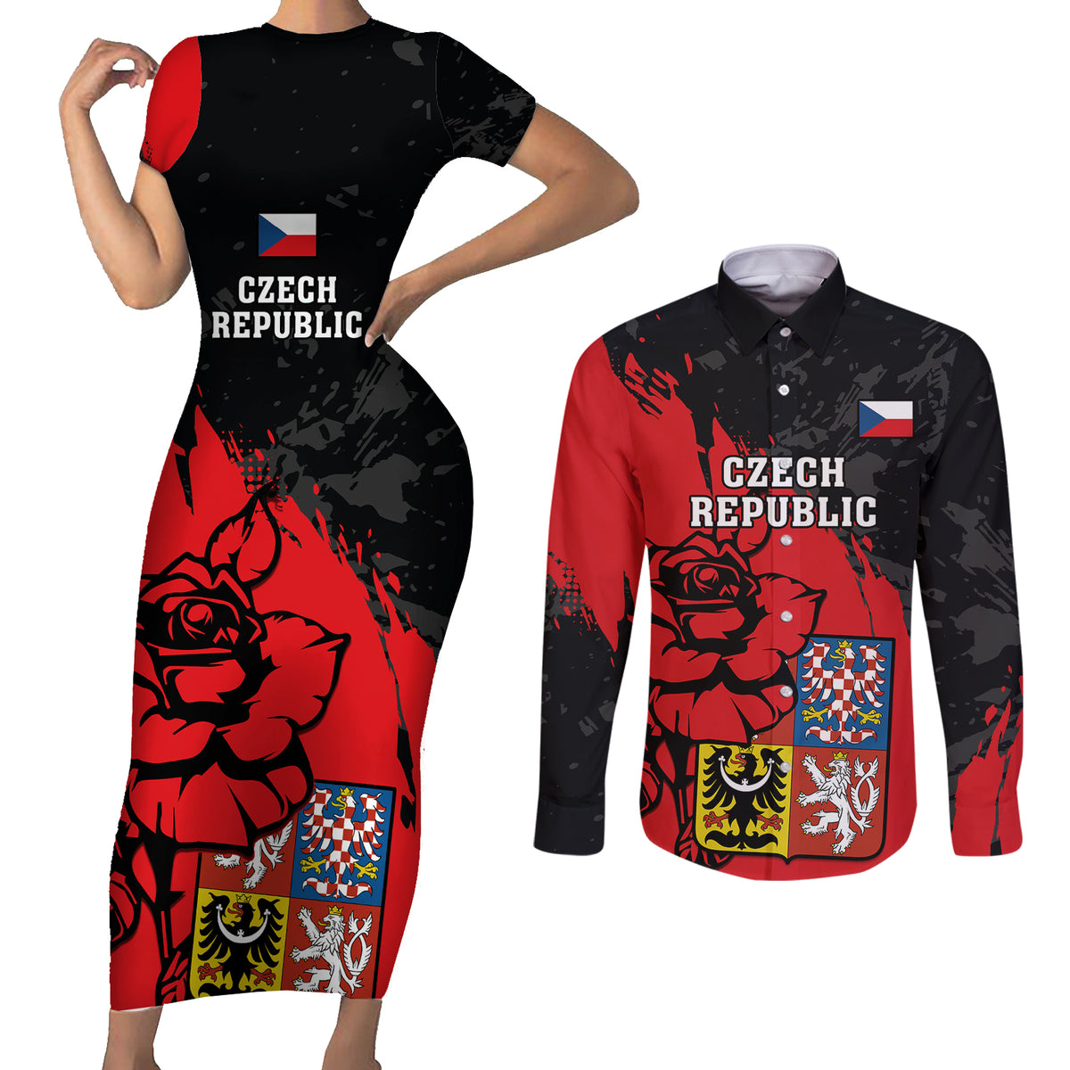 Czech Republic Independence Day Couples Matching Short Sleeve Bodycon Dress and Long Sleeve Button Shirts Coat Of Arms With Czechia Rosa - Wonder Print Shop