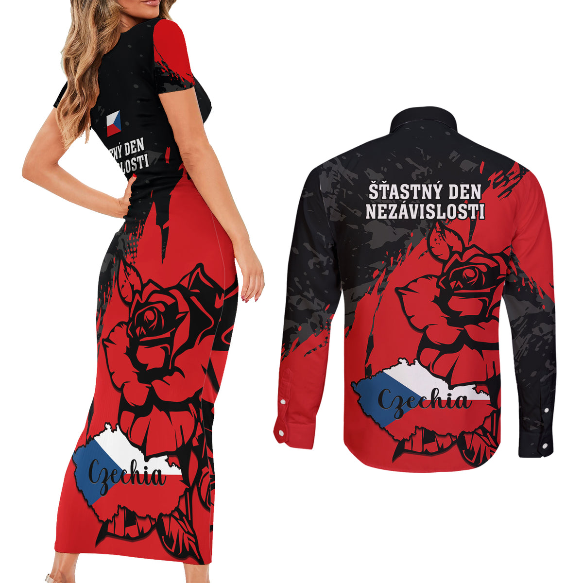 Czech Republic Independence Day Couples Matching Short Sleeve Bodycon Dress and Long Sleeve Button Shirts Coat Of Arms With Czechia Rosa - Wonder Print Shop