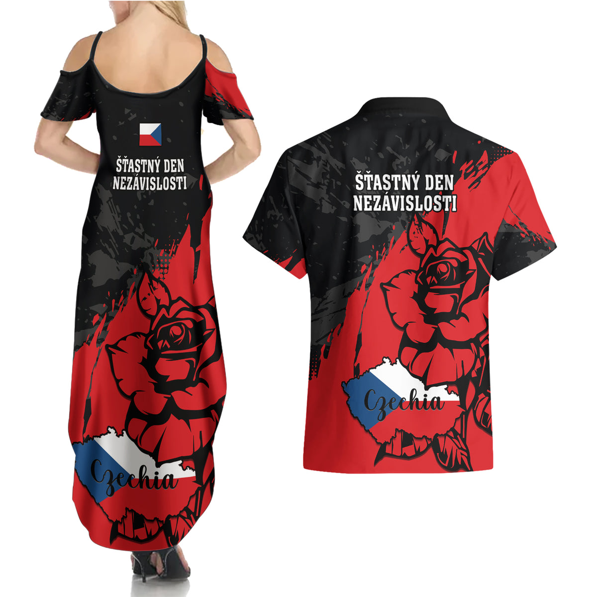 Czech Republic Independence Day Couples Matching Summer Maxi Dress and Hawaiian Shirt Coat Of Arms With Czechia Rosa - Wonder Print Shop