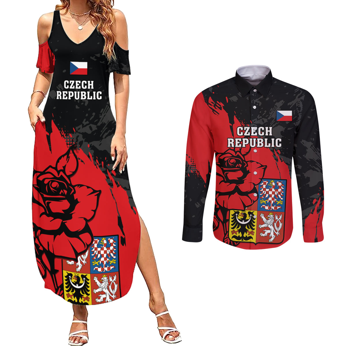 Czech Republic Independence Day Couples Matching Summer Maxi Dress and Long Sleeve Button Shirts Coat Of Arms With Czechia Rosa - Wonder Print Shop