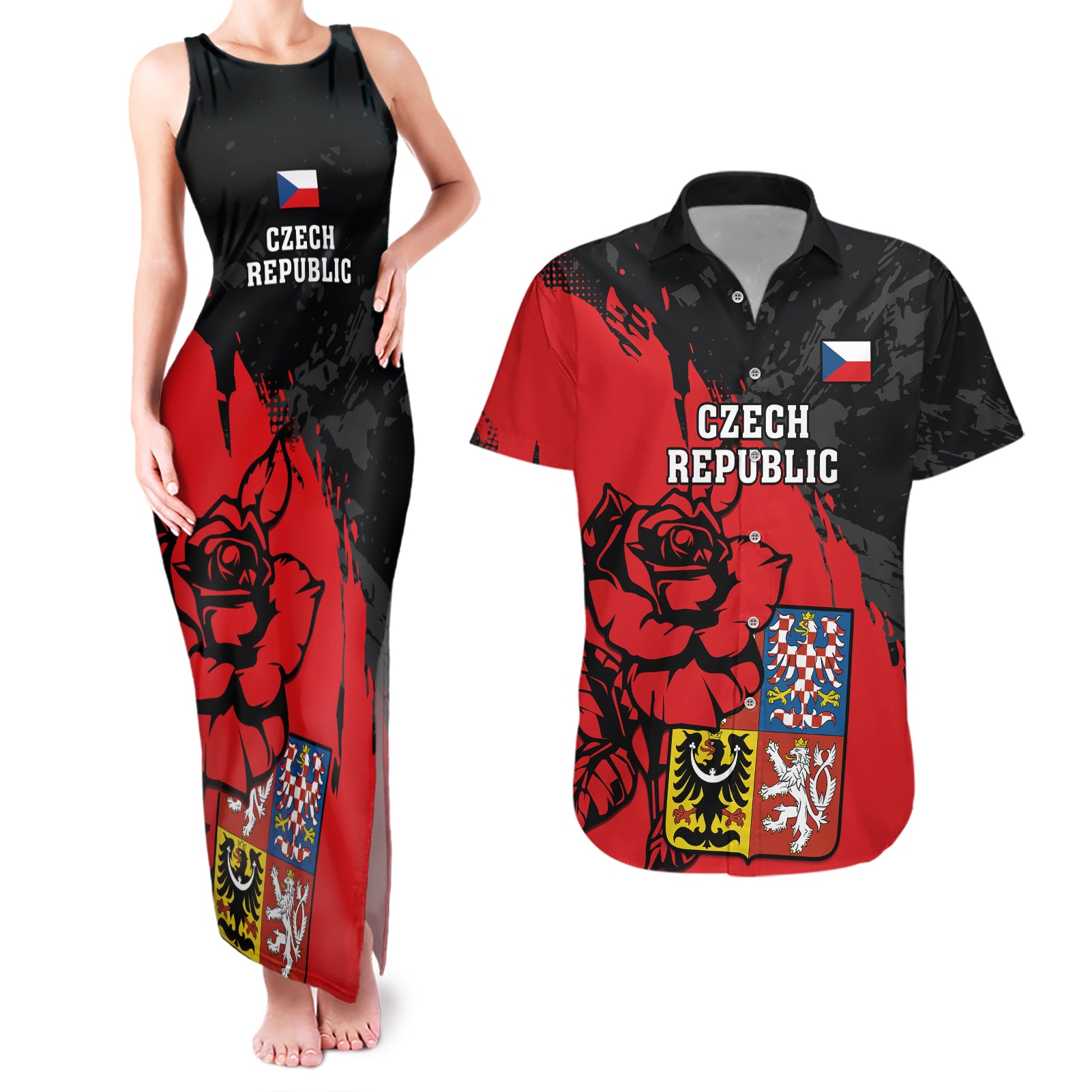 Czech Republic Independence Day Couples Matching Tank Maxi Dress and Hawaiian Shirt Coat Of Arms With Czechia Rosa - Wonder Print Shop