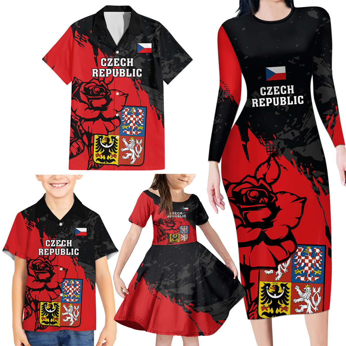 Czech Republic Independence Day Family Matching Long Sleeve Bodycon Dress and Hawaiian Shirt Coat Of Arms With Czechia Rosa - Wonder Print Shop