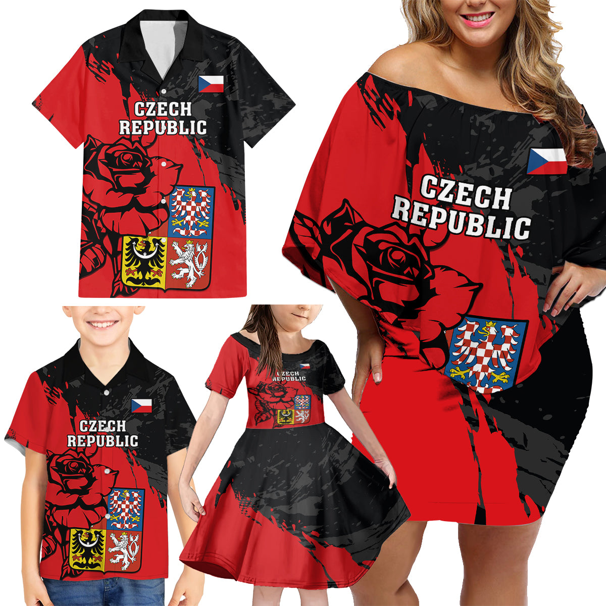Czech Republic Independence Day Family Matching Off Shoulder Short Dress and Hawaiian Shirt Coat Of Arms With Czechia Rosa - Wonder Print Shop