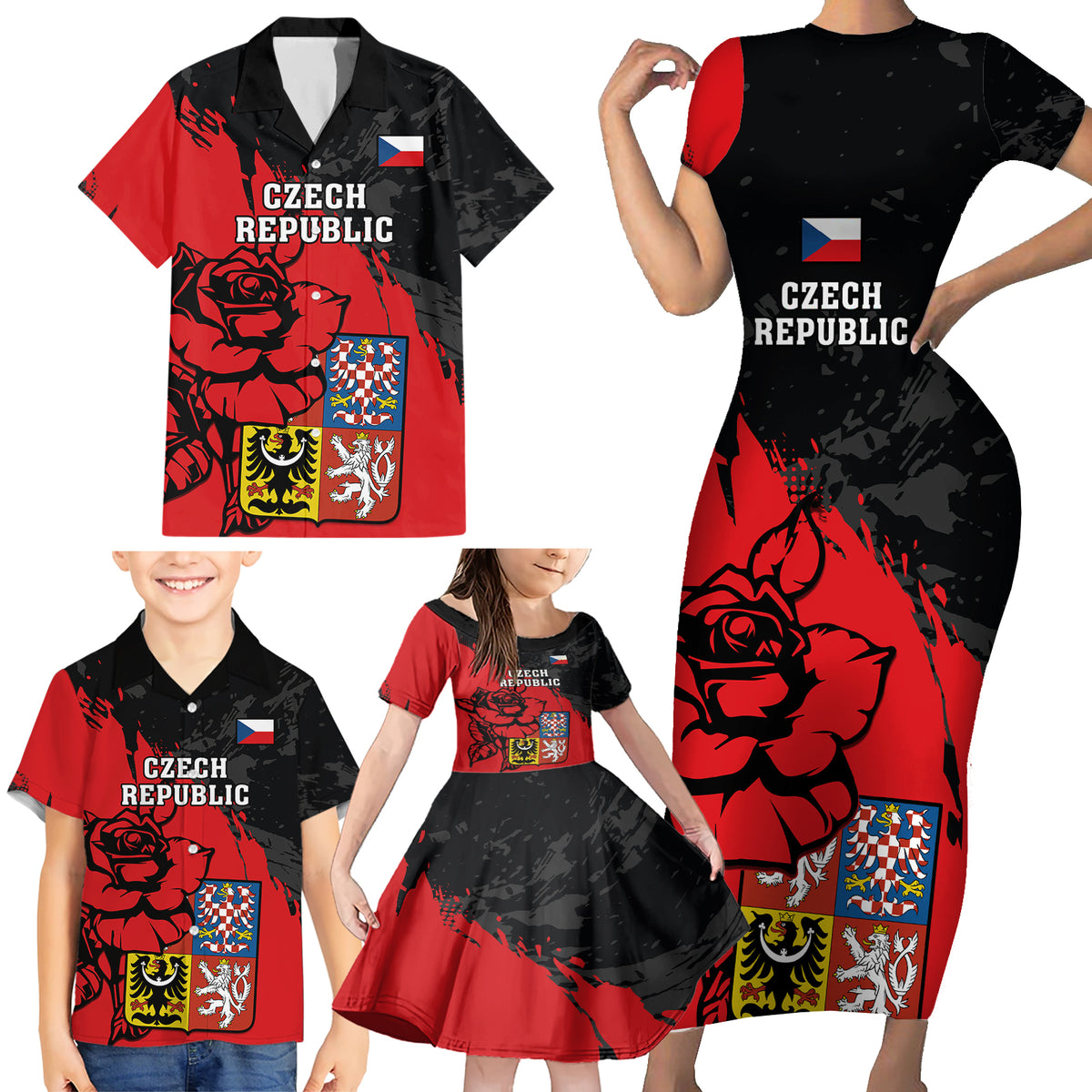 Czech Republic Independence Day Family Matching Short Sleeve Bodycon Dress and Hawaiian Shirt Coat Of Arms With Czechia Rosa - Wonder Print Shop