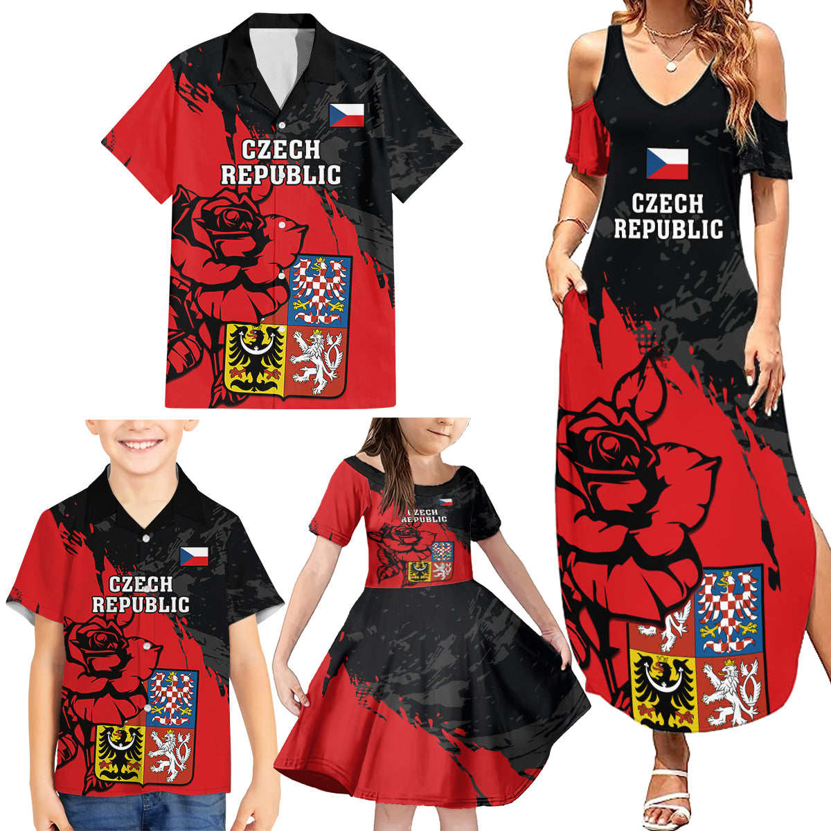 Czech Republic Independence Day Family Matching Summer Maxi Dress and Hawaiian Shirt Coat Of Arms With Czechia Rosa - Wonder Print Shop