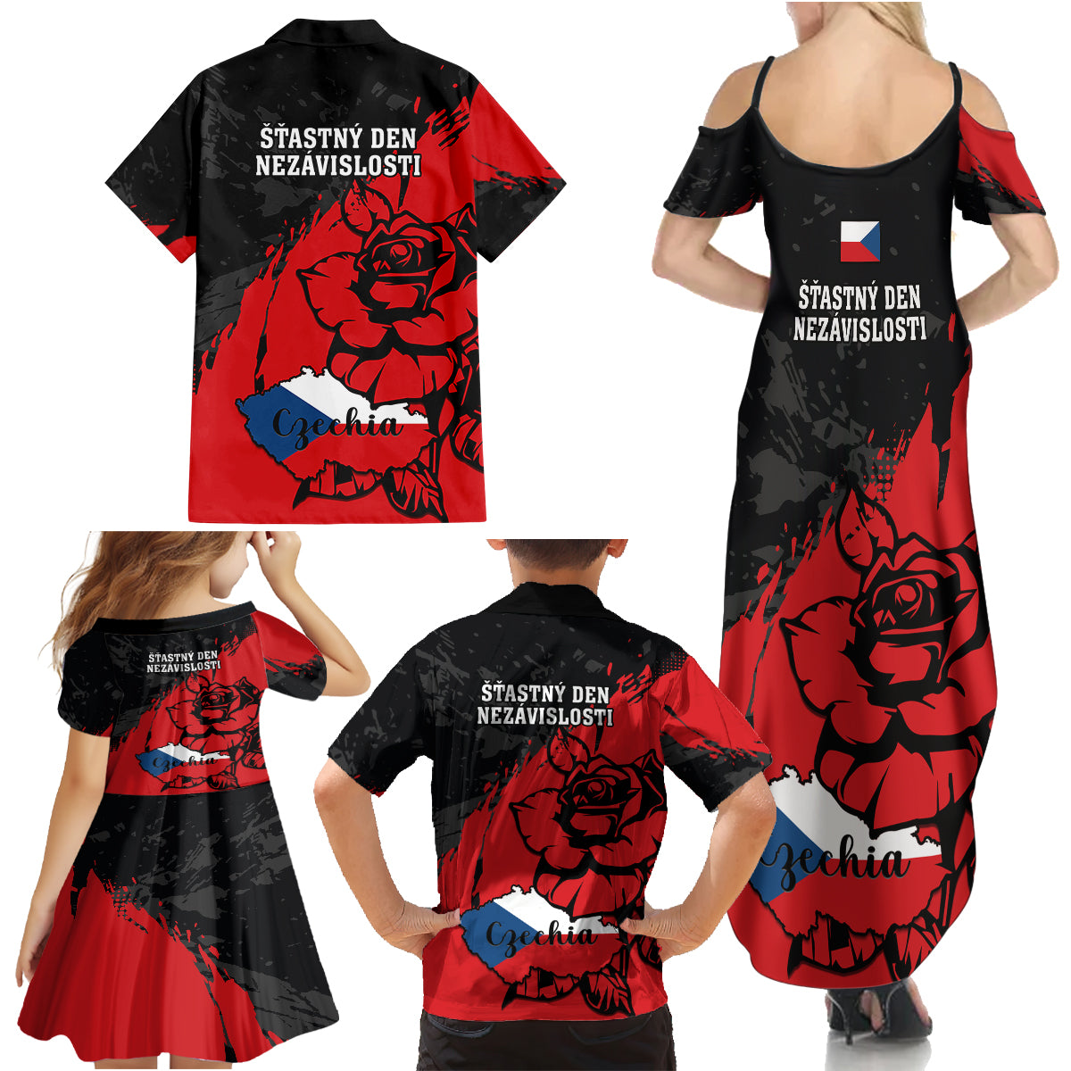 Czech Republic Independence Day Family Matching Summer Maxi Dress and Hawaiian Shirt Coat Of Arms With Czechia Rosa - Wonder Print Shop