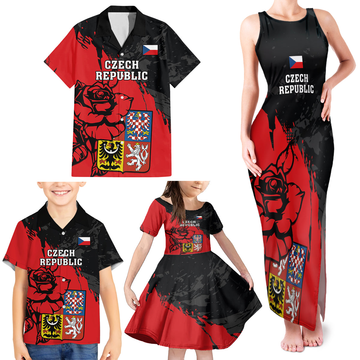 Czech Republic Independence Day Family Matching Tank Maxi Dress and Hawaiian Shirt Coat Of Arms With Czechia Rosa - Wonder Print Shop