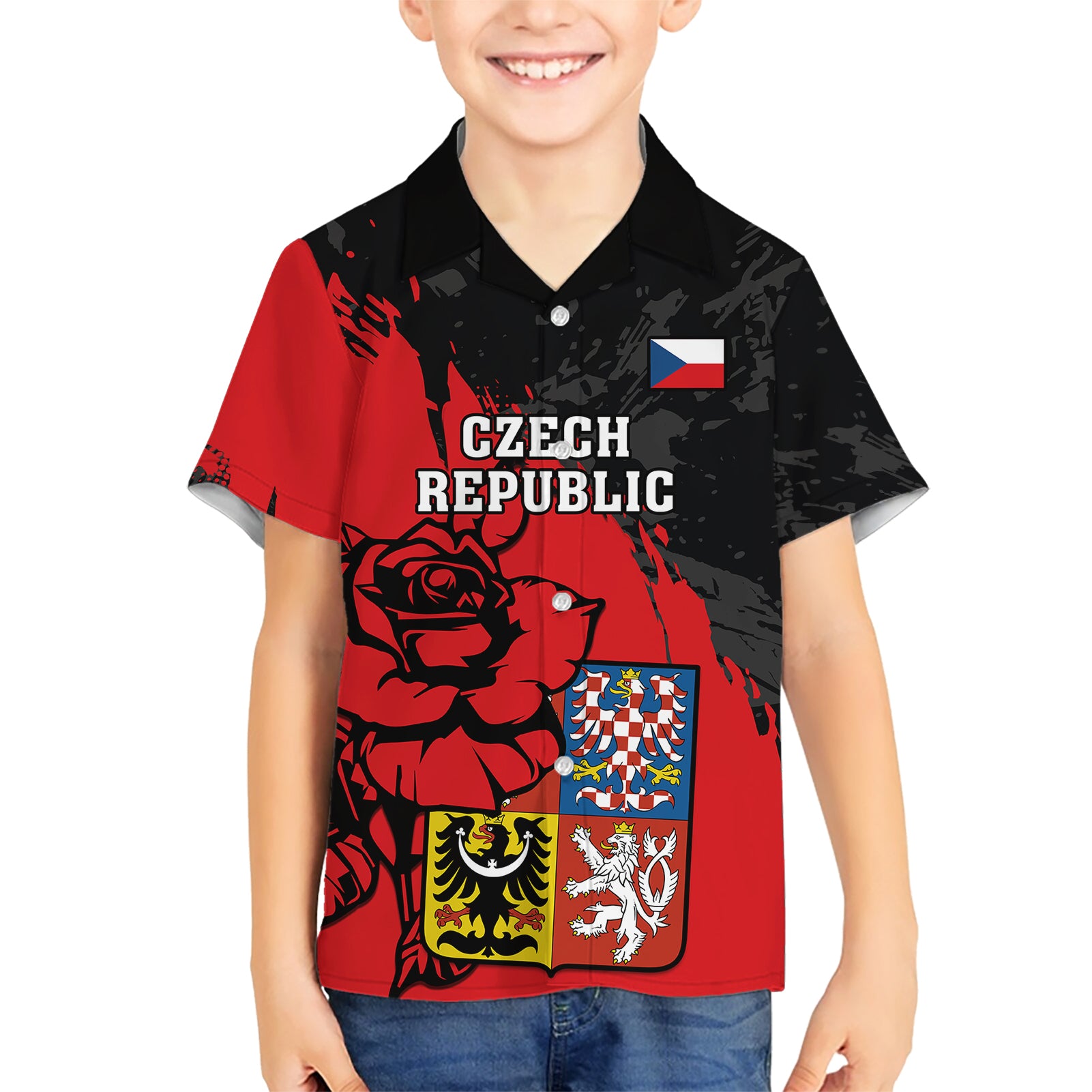 Czech Republic Independence Day Kid Hawaiian Shirt Coat Of Arms With Czechia Rosa - Wonder Print Shop