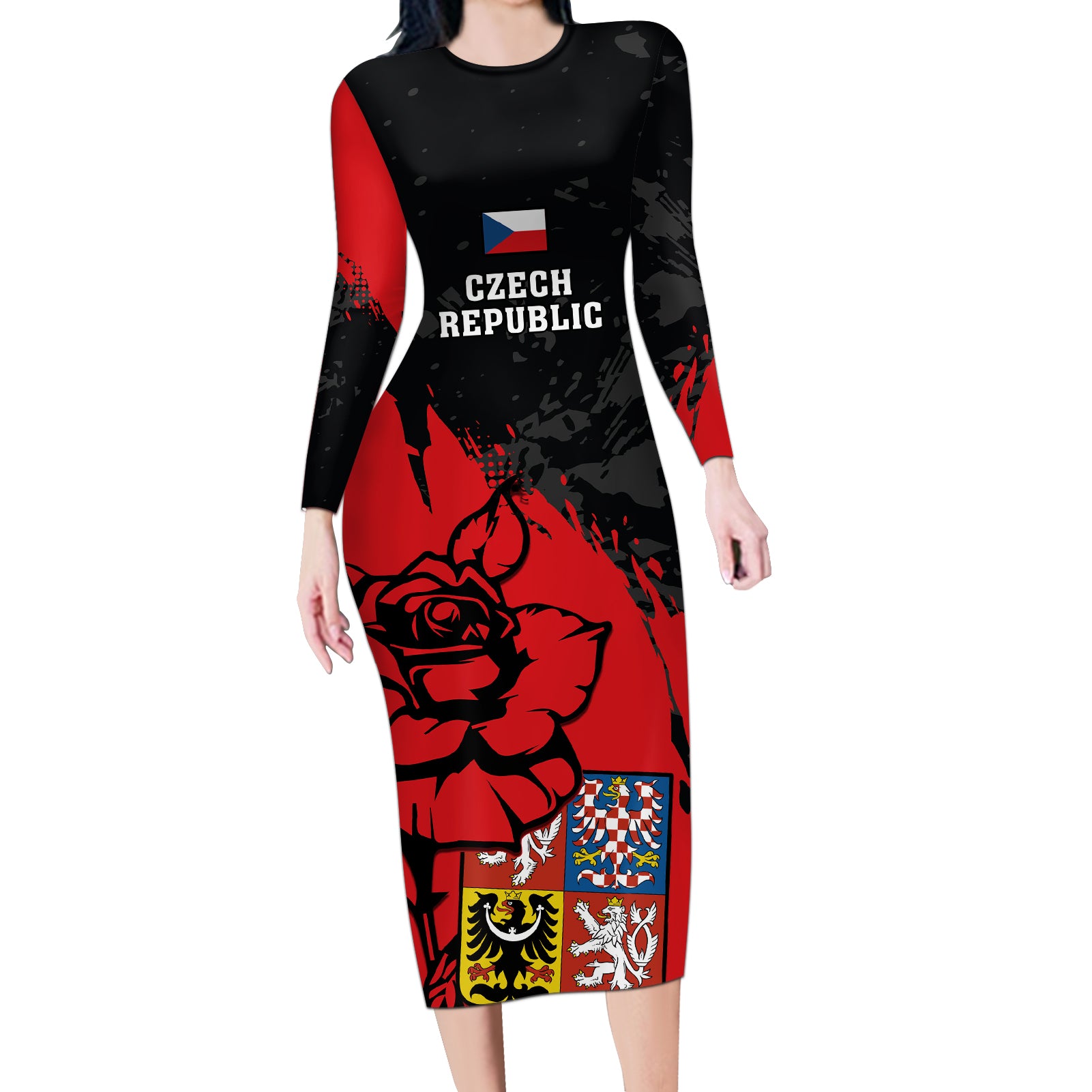 Czech Republic Independence Day Long Sleeve Bodycon Dress Coat Of Arms With Czechia Rosa - Wonder Print Shop