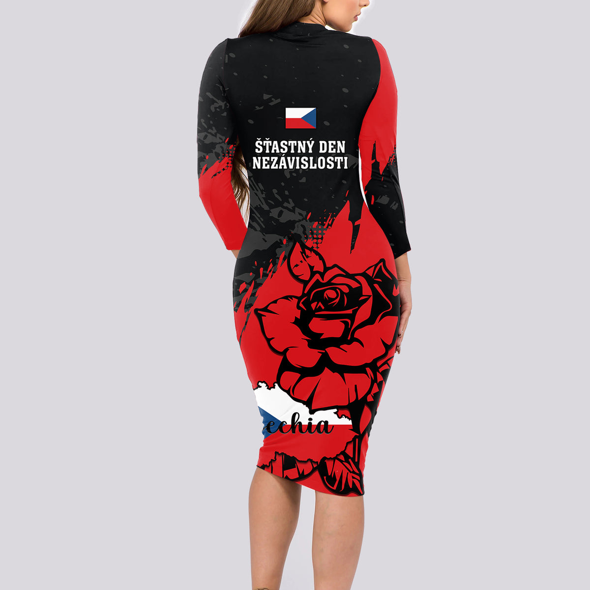 Czech Republic Independence Day Long Sleeve Bodycon Dress Coat Of Arms With Czechia Rosa - Wonder Print Shop