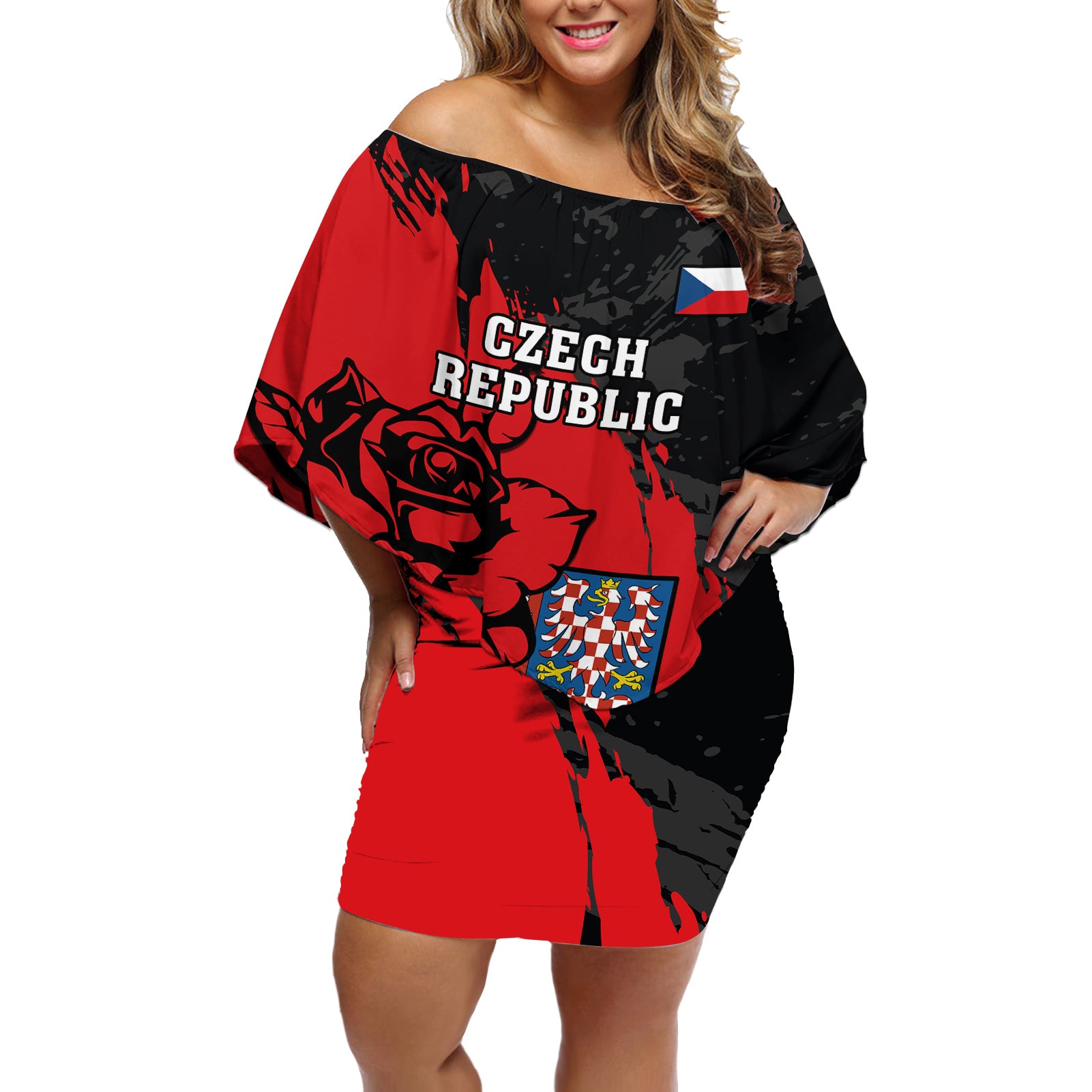 Czech Republic Independence Day Off Shoulder Short Dress Coat Of Arms With Czechia Rosa - Wonder Print Shop