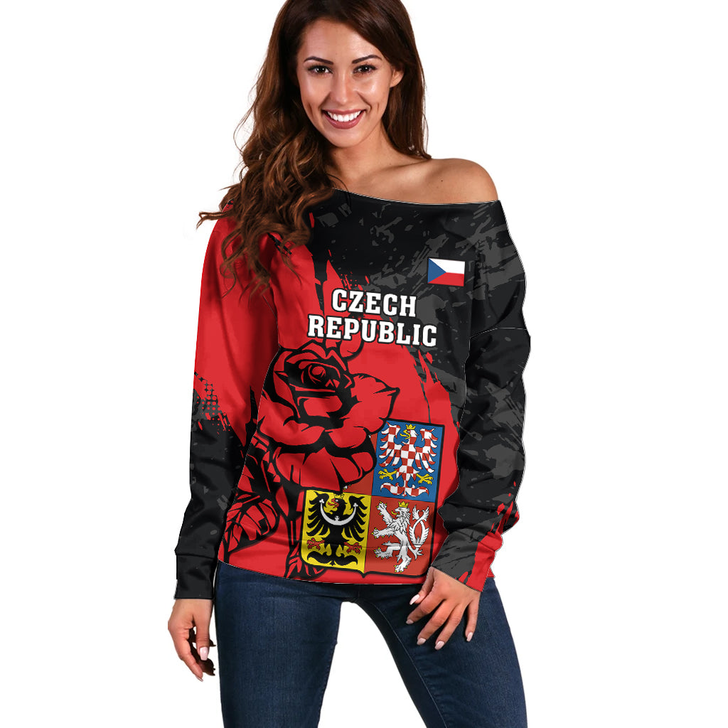 Czech Republic Independence Day Off Shoulder Sweater Coat Of Arms With Czechia Rosa - Wonder Print Shop
