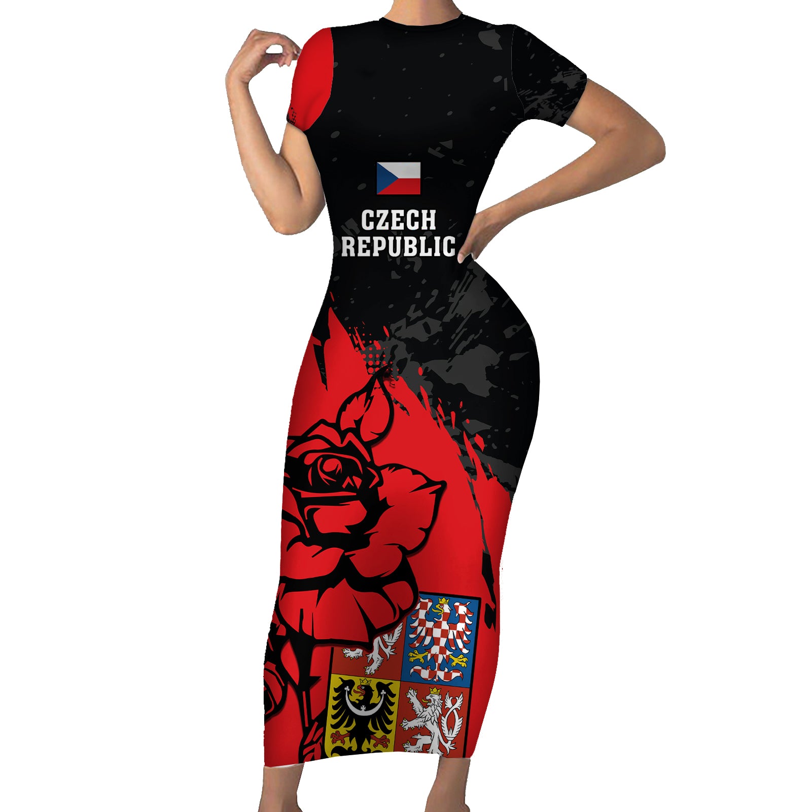 Czech Republic Independence Day Short Sleeve Bodycon Dress Coat Of Arms With Czechia Rosa - Wonder Print Shop